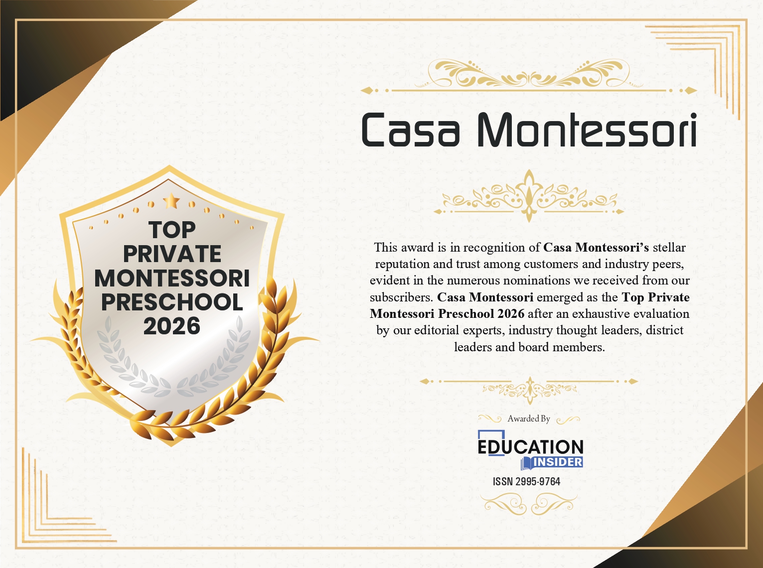 Top Private Montessori Preschool 2026 Certificate